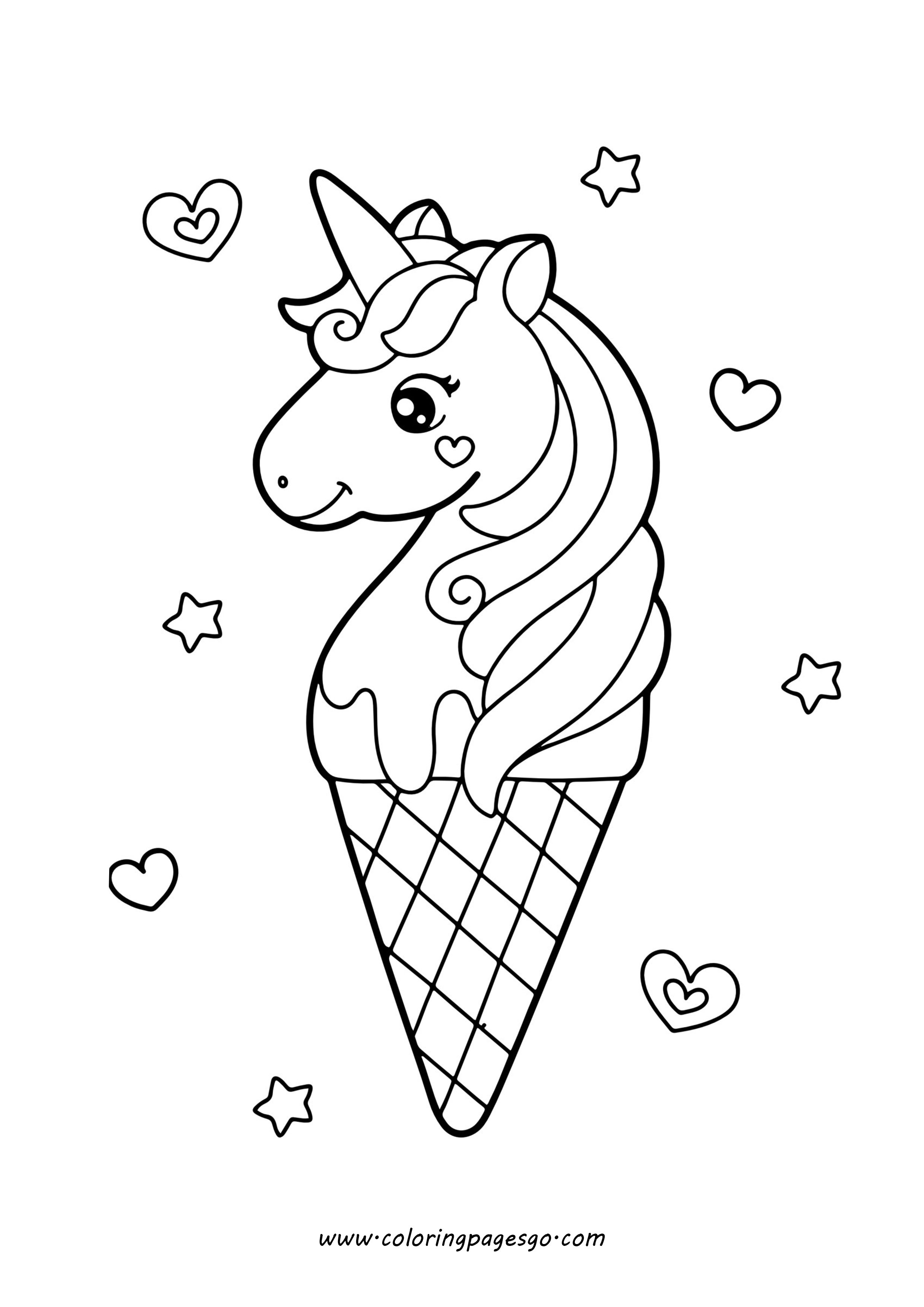 Kawaii Cute Icecream Cone With Unicorn Horn Coloring Page Printable