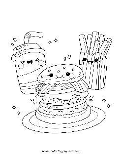 Kawaii Cute Burger Soda Fries Dinner Time coloring page