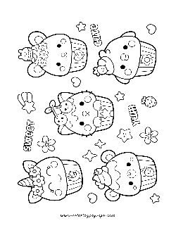 Kawaii Cute Cupcakes Unicorn Bear Mouse Cat Chick coloring page