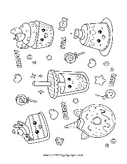 Kawaii Cute Desserts Cake Donuts coloring page