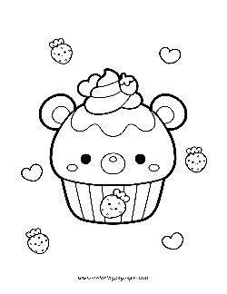 Kawaii Cute Cupcake Bear Strawberries Hearts coloring page