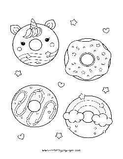 Kawaii Cute Unicorn Rainbow Swirly Donuts coloring page