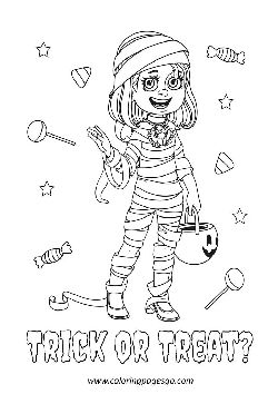 Halloween girl mummy costume trick or treat coloring page