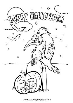 Halloween bird headstone pumpkin coloring page